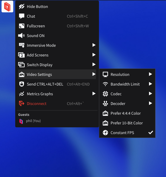 Enabling dual displays via Parsec overlay menu