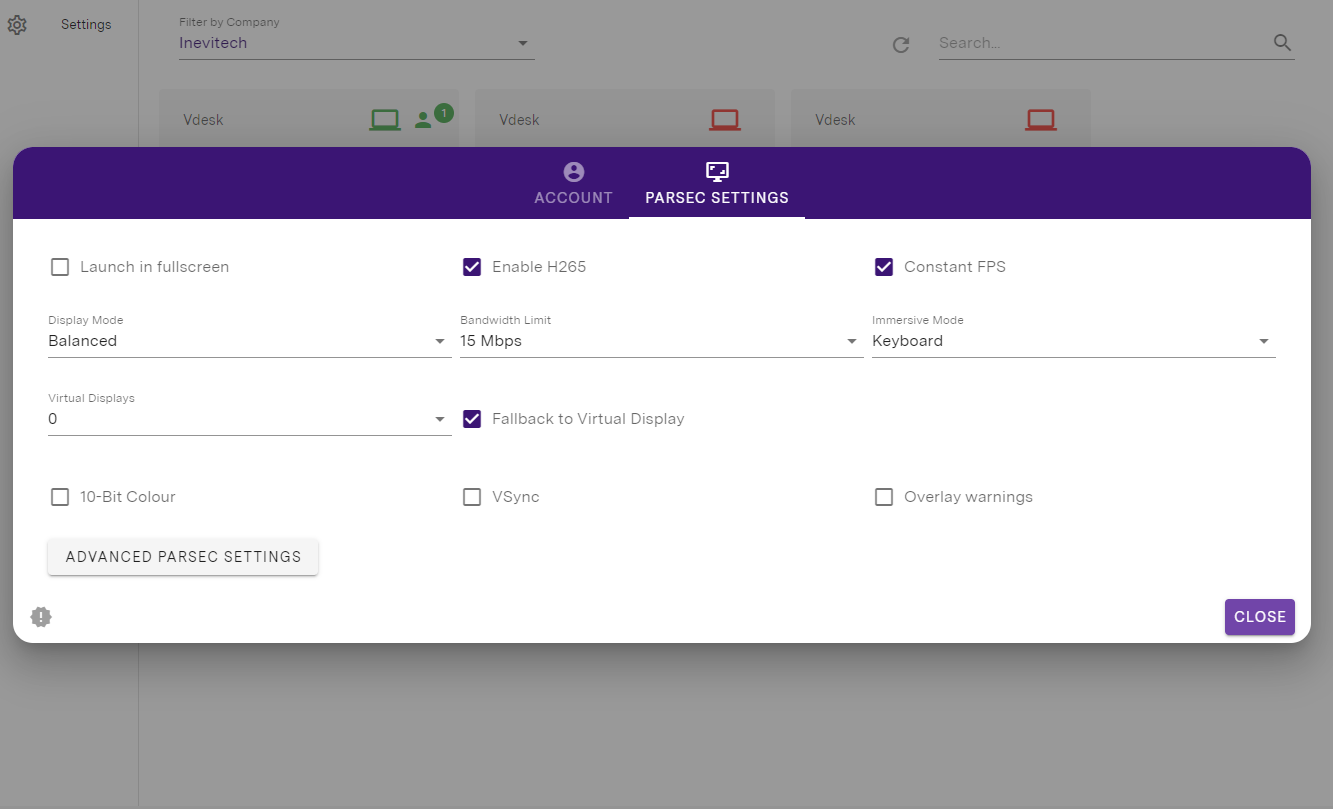 Parsec settings menu in the Inevidesk client